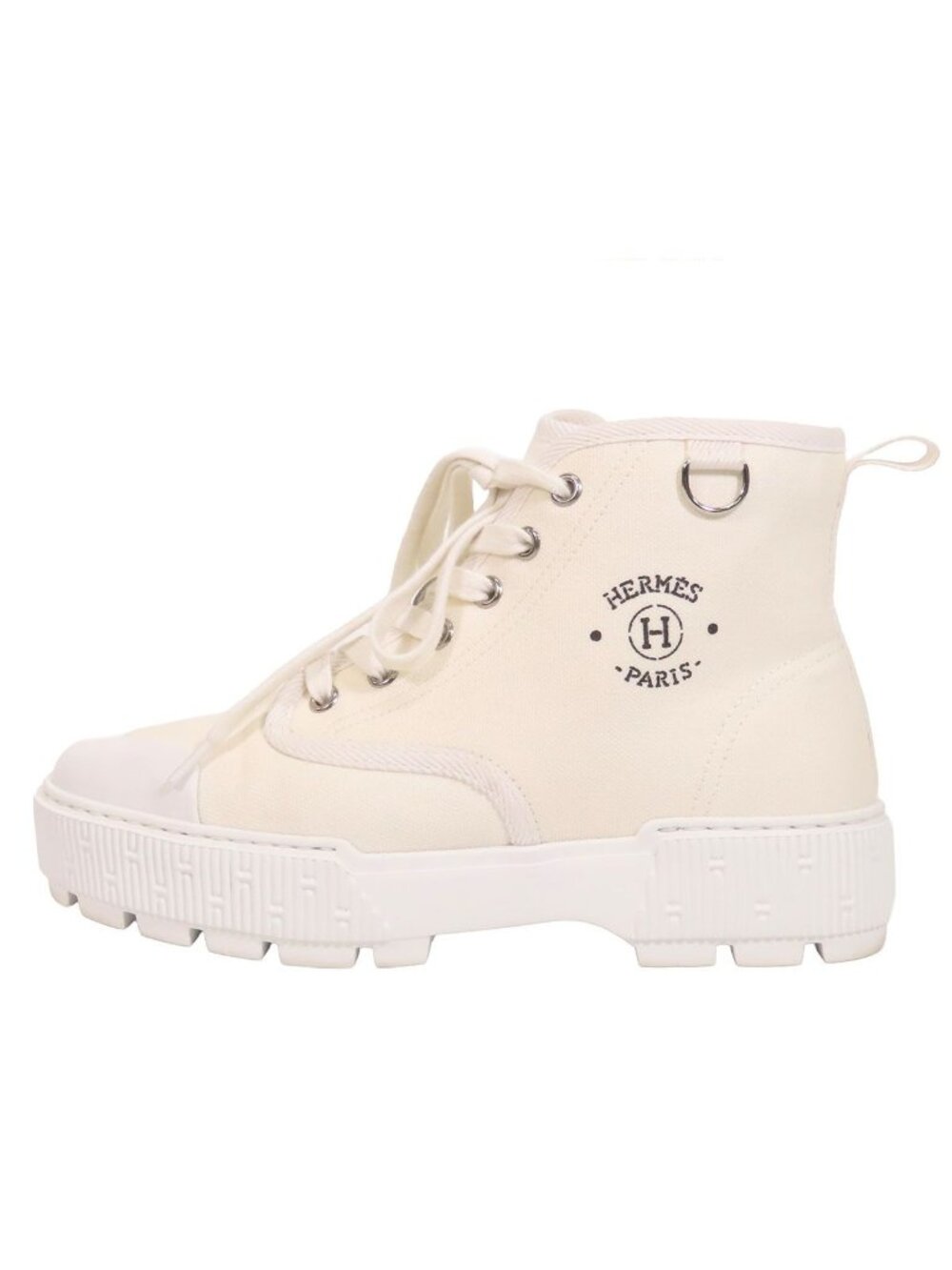 Hermes Itineraire White Silver Canvas Leather High Top Sneakers Short Boots